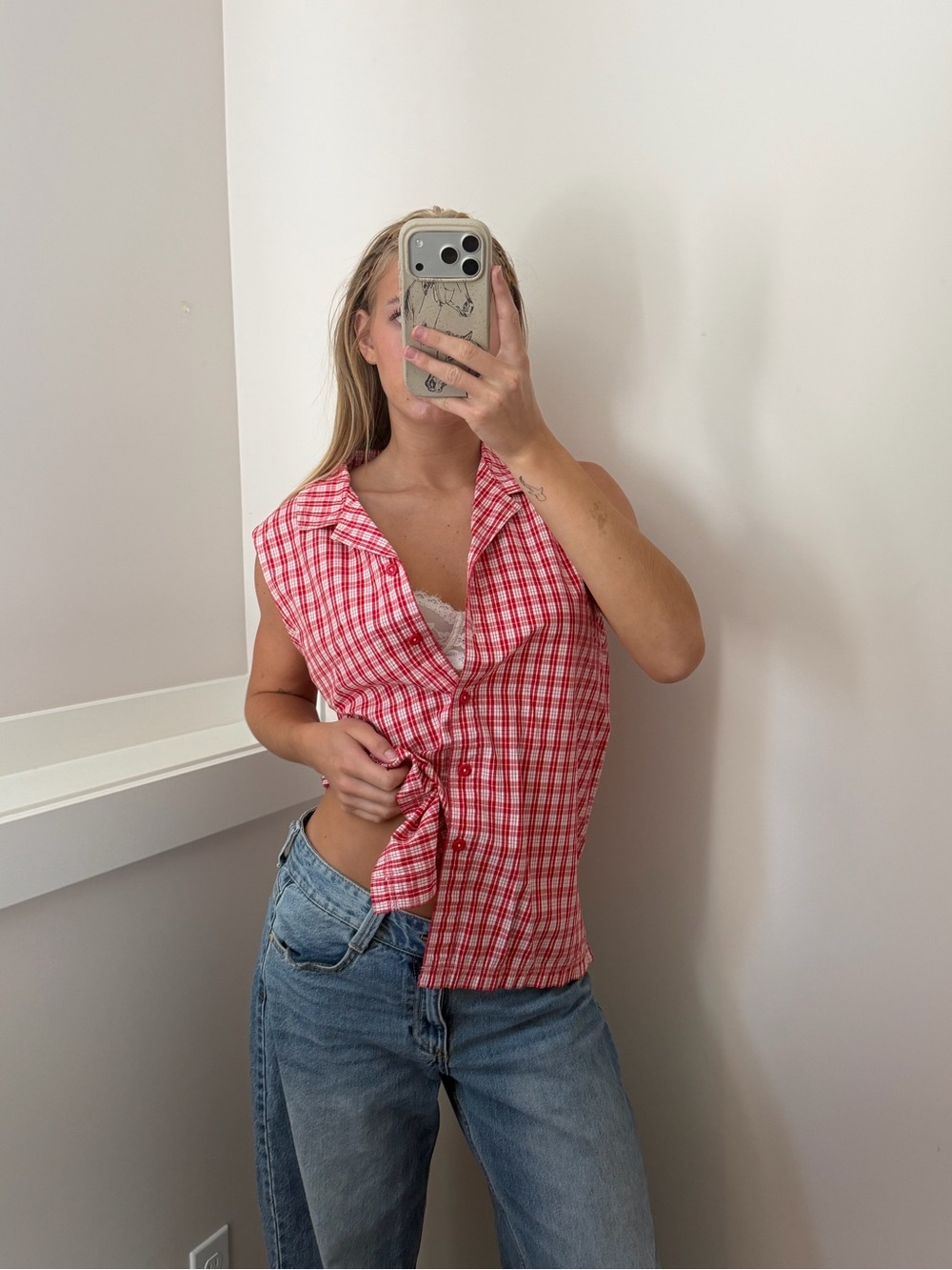 Sleeveless Red Plaid Button-Front Women's Top
